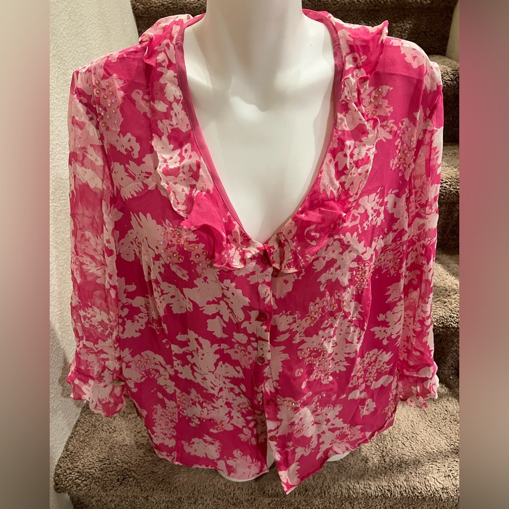 ICE Silk Blouse Sheer Beaded Paisley Ruffle V-Neck‎ Bell Flare  Sleeve